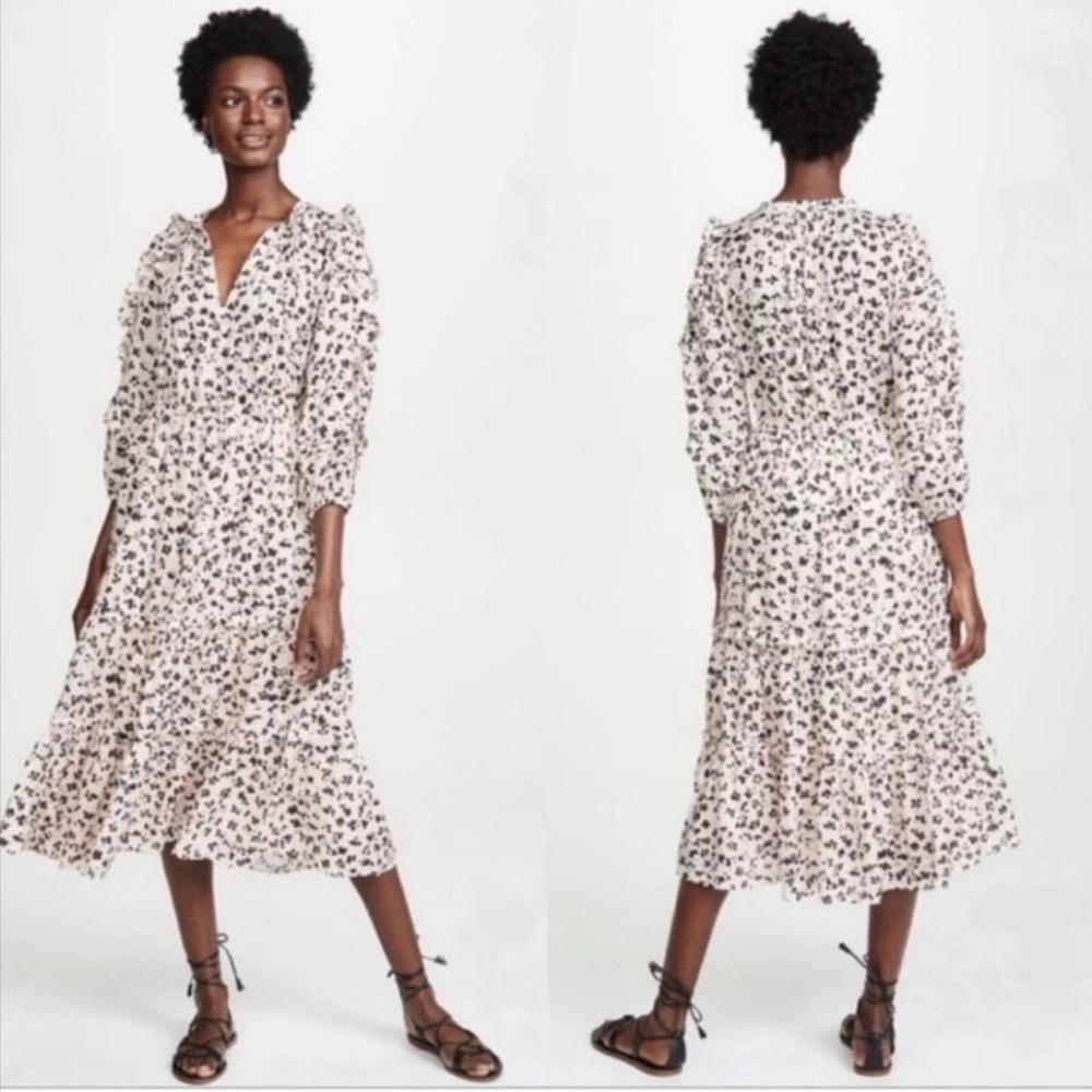 Ulla Johnson Fantine blush floral 3/4 ruffle sleeve tired, tie neck midi dress 6